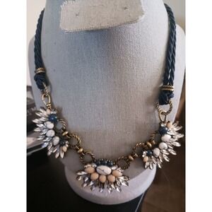 Chloe Isabel Statement Necklace Navy Blue Cord Crystal Marbled Stone Bib